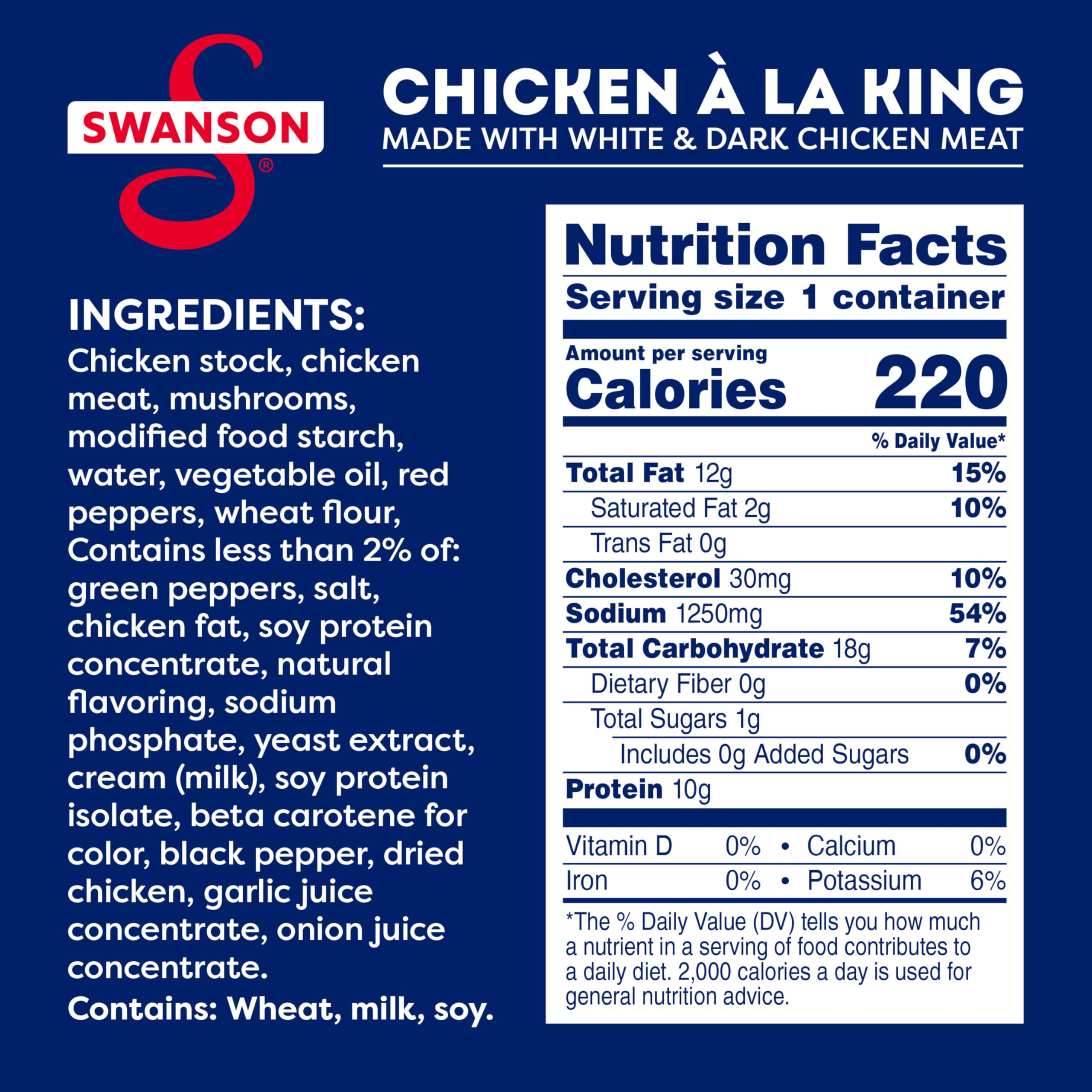 Swanson Canned Chicken a la King shows tender chicken chunks in a creamy sauce.