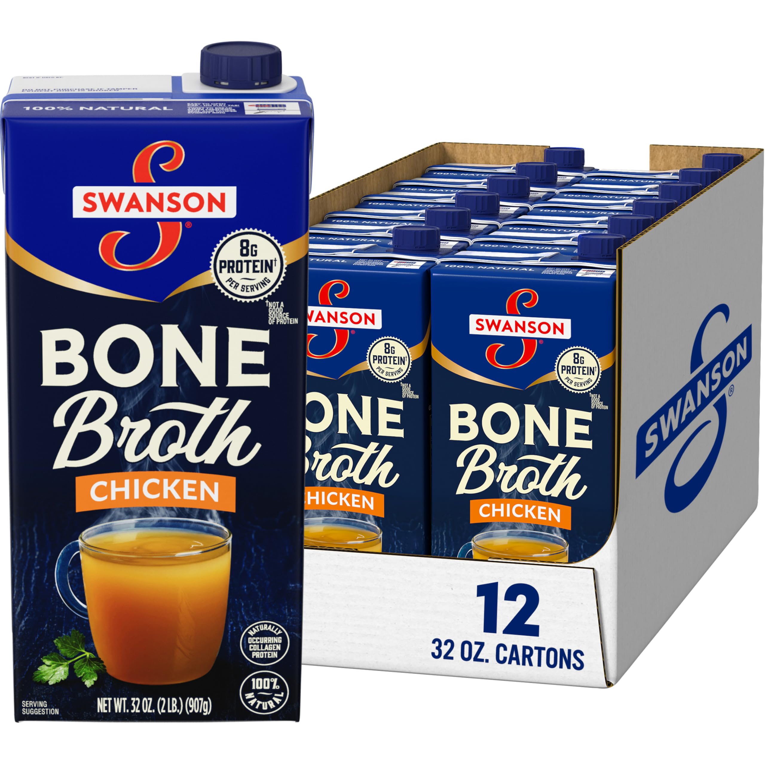 SWANSON S chicken bone broth carton on shelf, resealable for easy storage