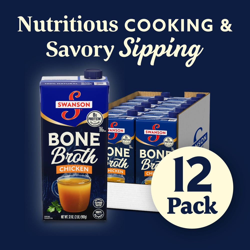 SWANSON S bone broth heated in the microwave for a warm snack