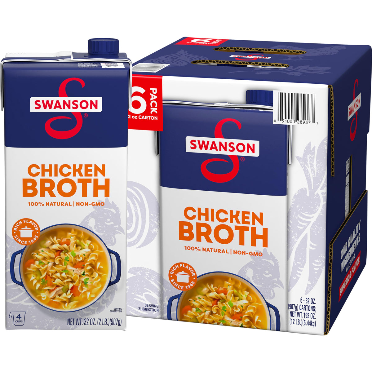 Swanson S chicken broth carton six-pack on shelf, a versatile kitchen staple.