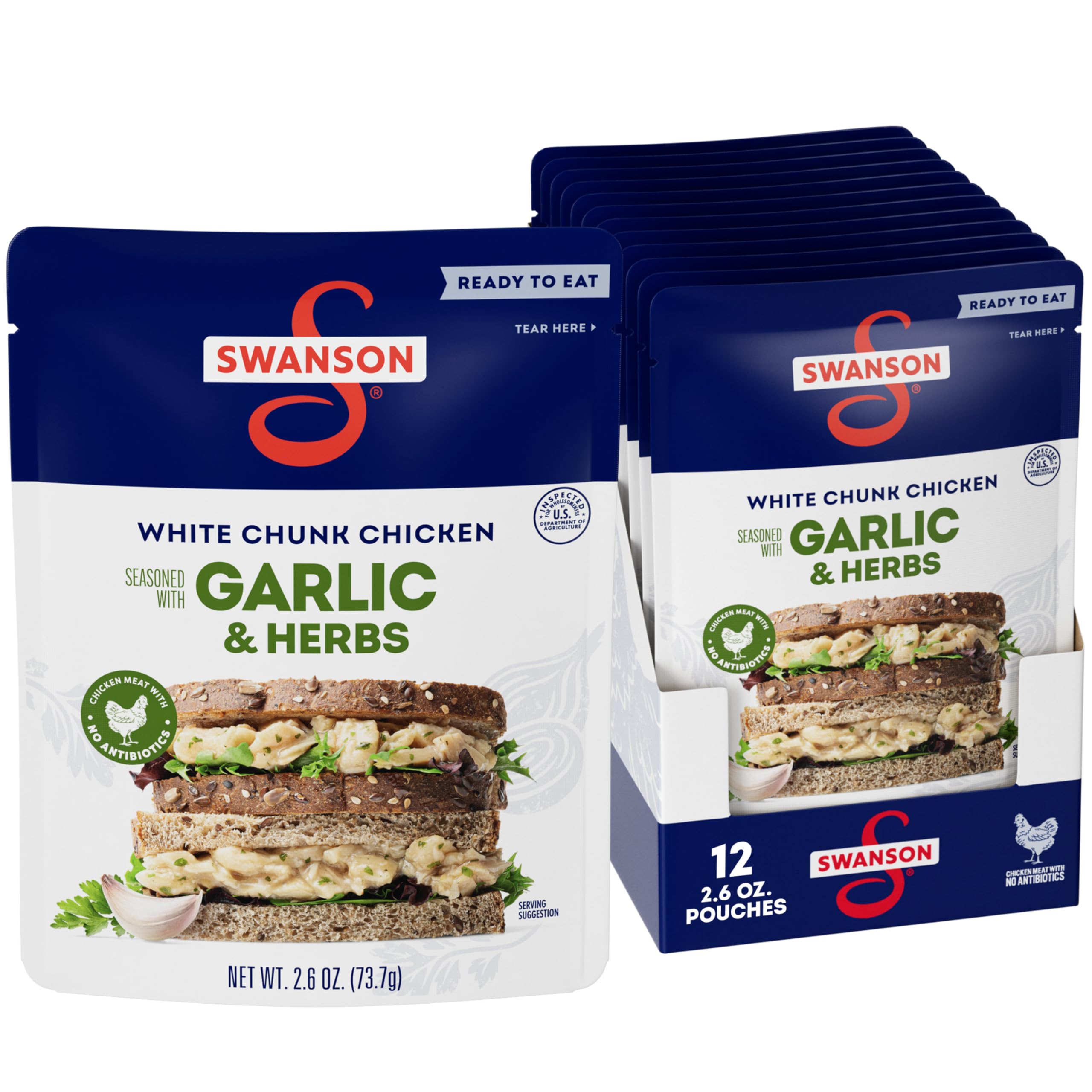 Swanson S garlic and herbs white chunk chicken pouch ready-to-eat on the go