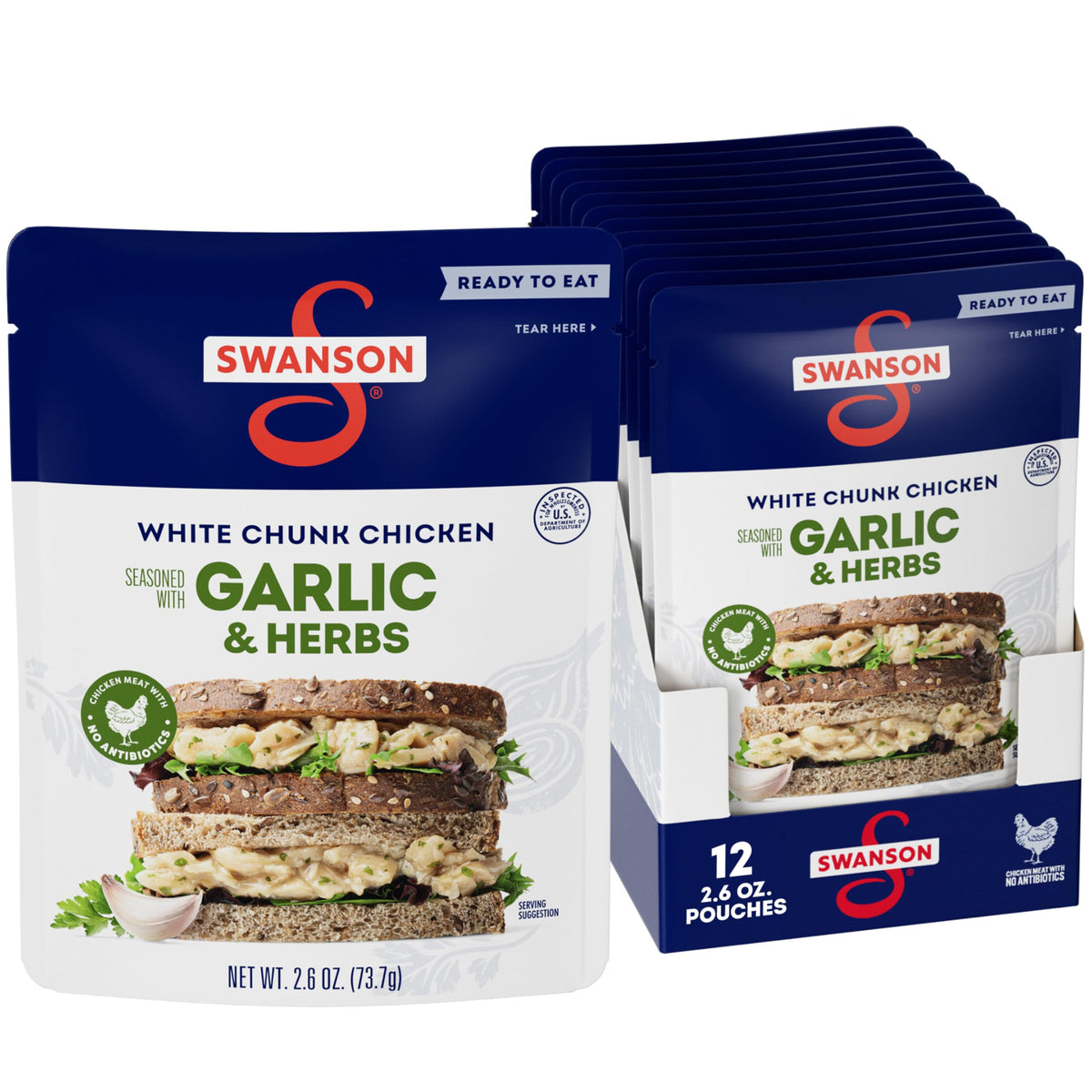 Swanson S garlic and herbs white chunk chicken pouch ready-to-eat on the go