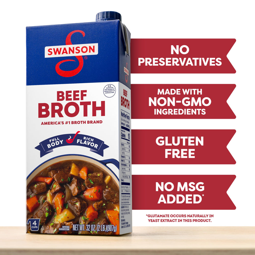 Swanson S gluten-free beef broth steaming in a bowl