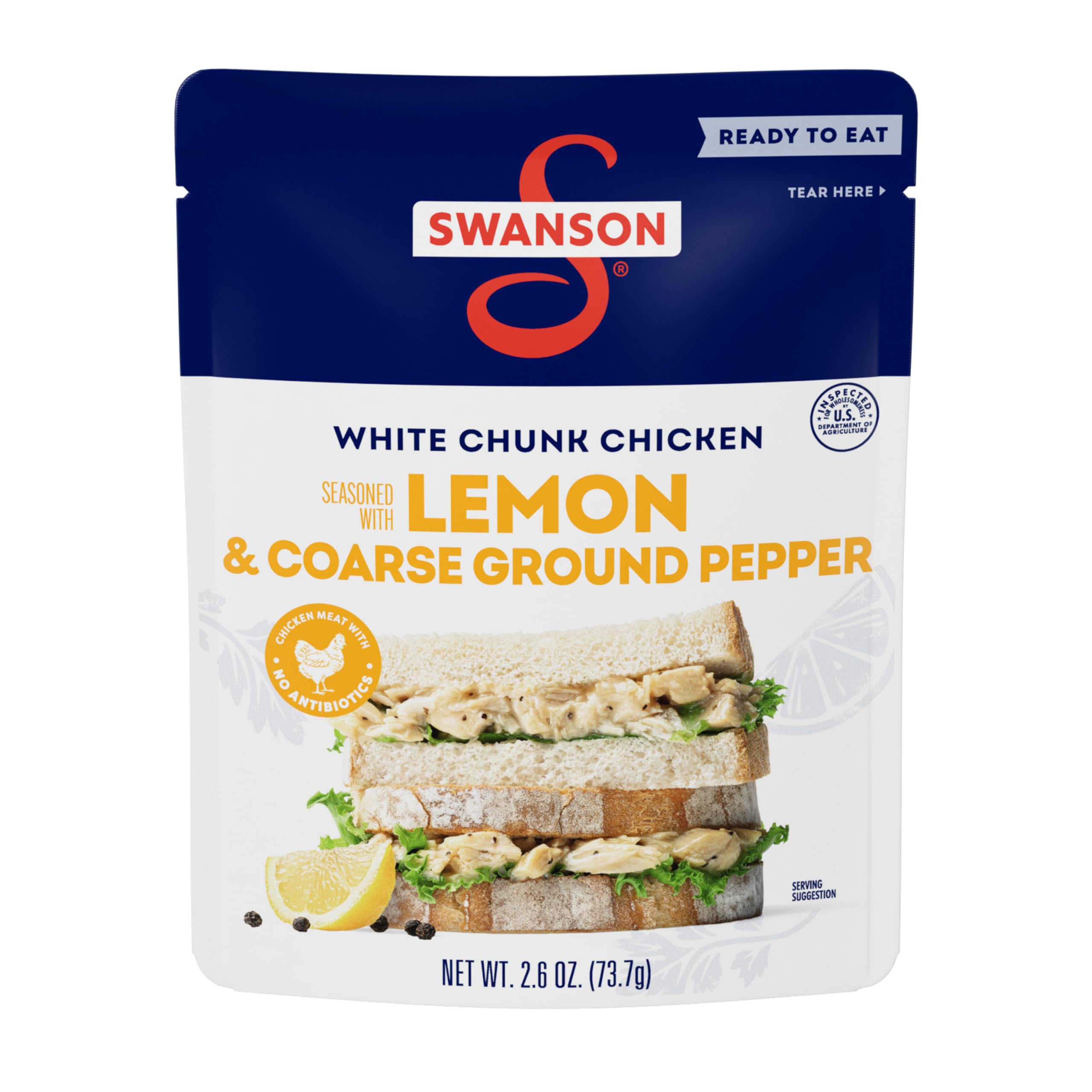Swanson S lemon pepper white chicken pouch ready for quick lunches.