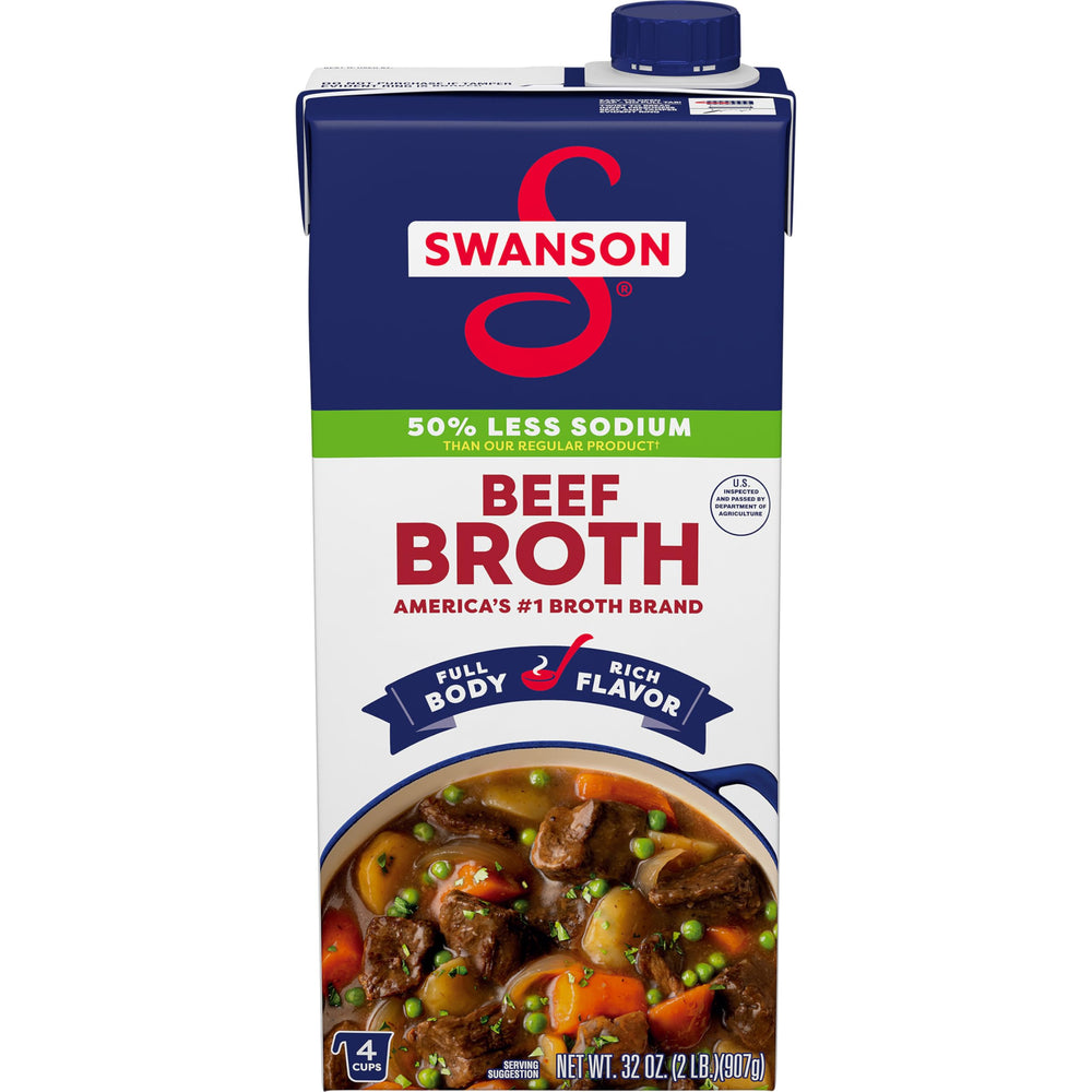 Swanson S Lower Sodium Beef Broth bottle pour showing rich flavor potential