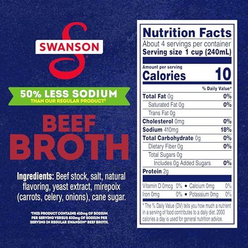 Swanson S Lower Sodium Beef Broth carton on kitchen counter