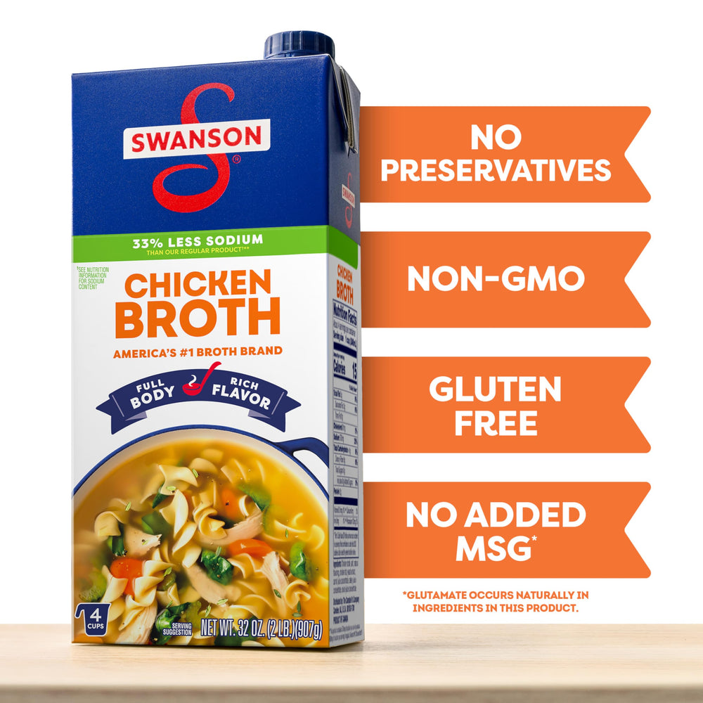 Swanson S Lower Sodium Chicken Broth being poured into a pot for cooking