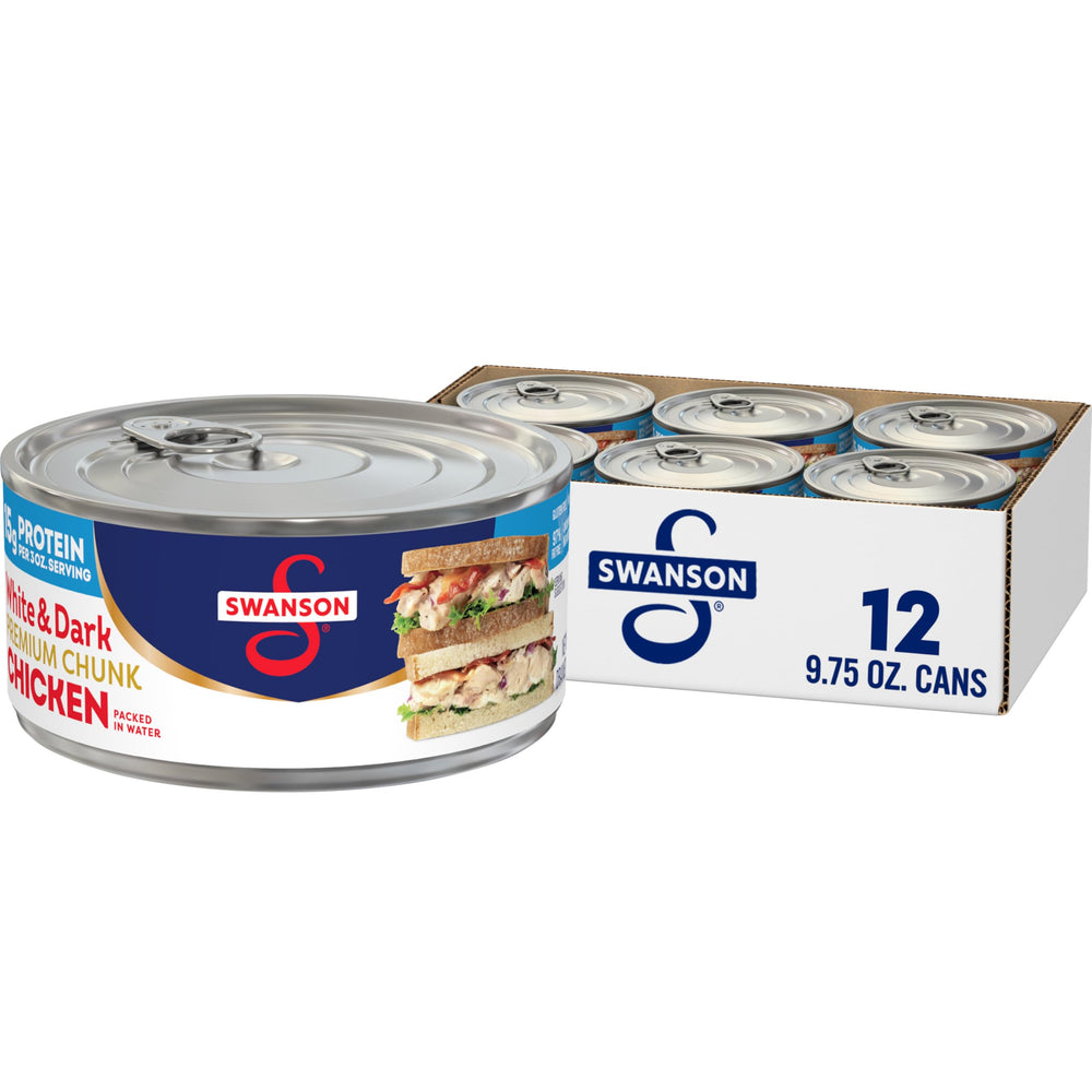 Swanson S premium chunk chicken in water can—ready-to-eat protein for quick meals.