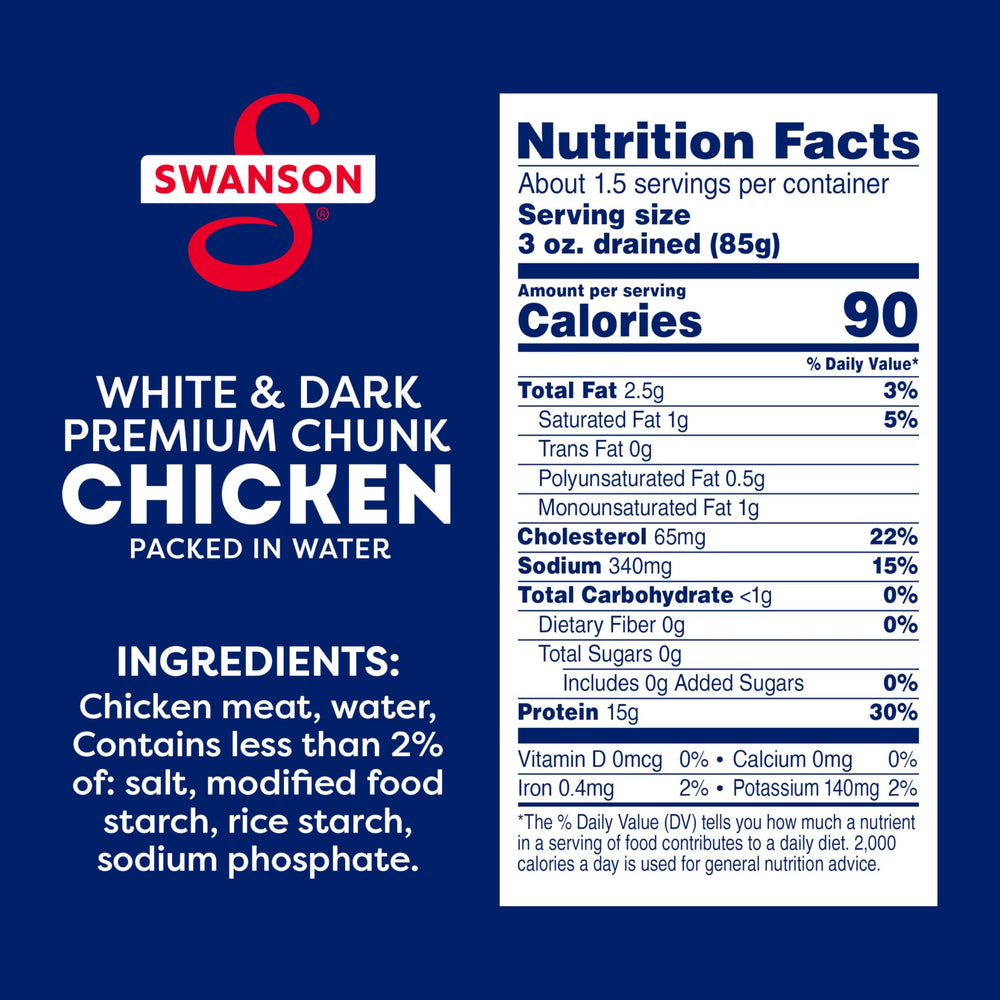 Swanson ready-to-eat chicken chunks, ideal for salads or crackers.