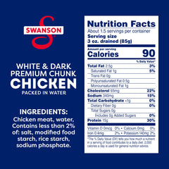 Swanson ready-to-eat chicken chunks, ideal for salads or crackers.
