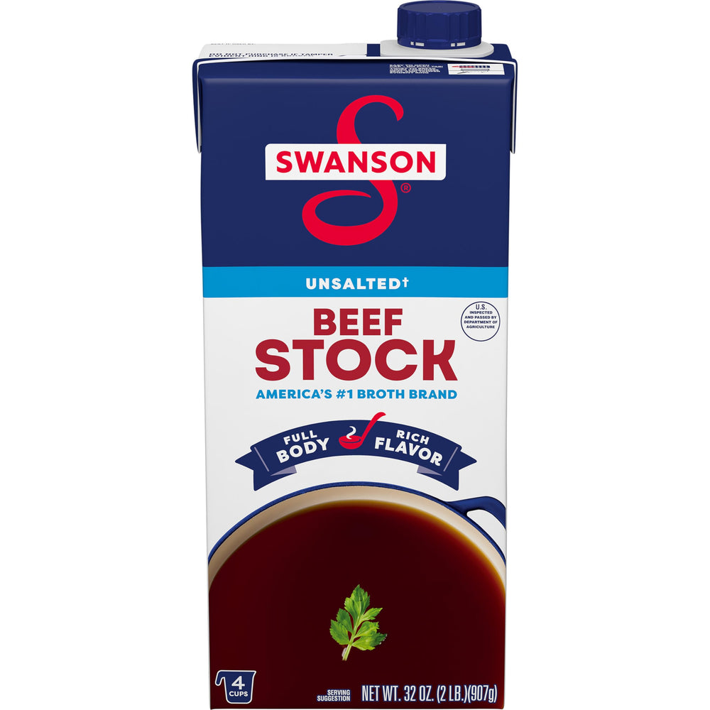 SWANSON S unsalted beef stock carton front showing quality ingredients for rich meals.