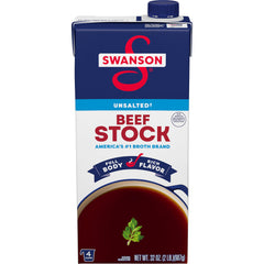 SWANSON S unsalted beef stock carton front showing quality ingredients for rich meals.