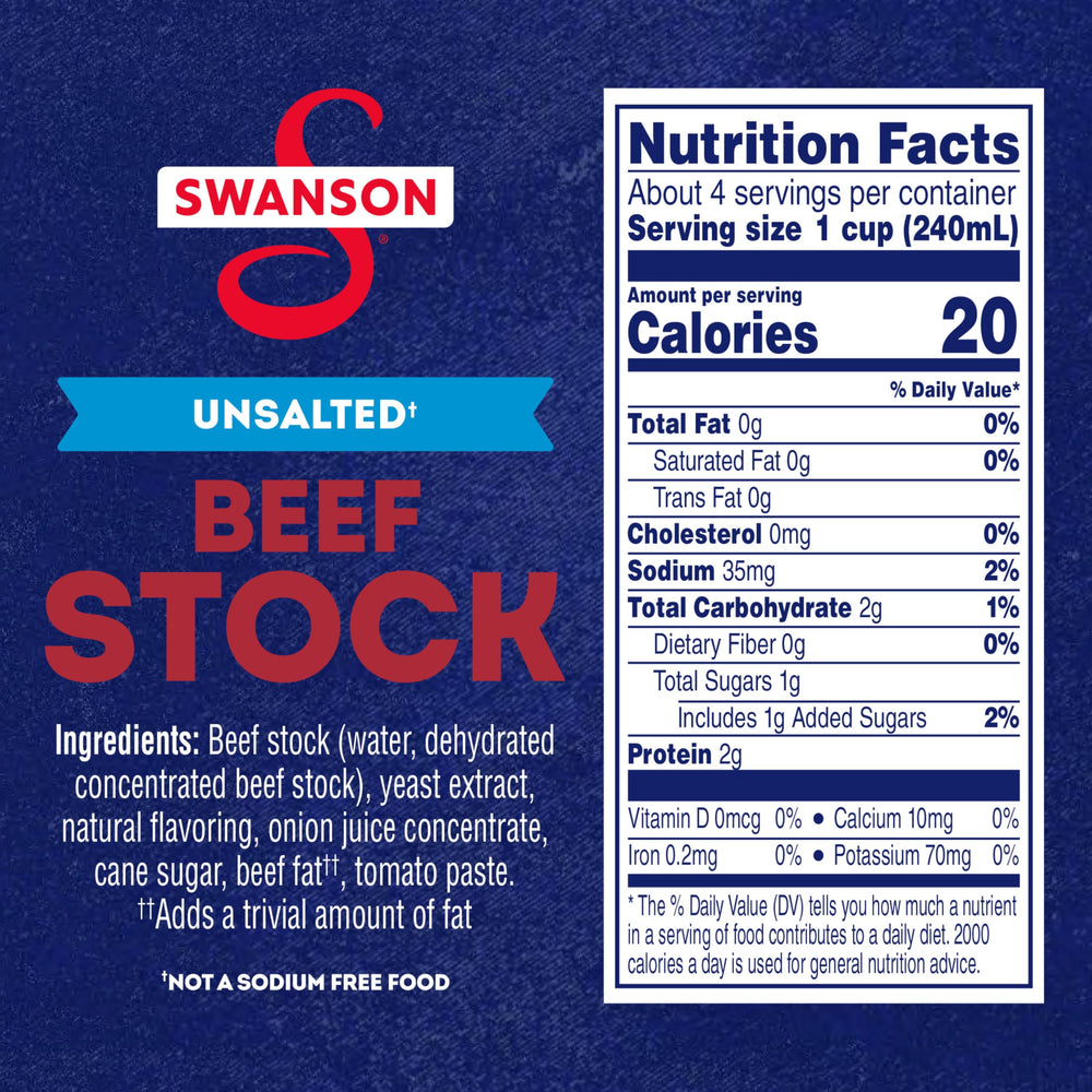 SWANSON S unsalted beef stock ingredients label highlights gluten-free, non-GMO quality.