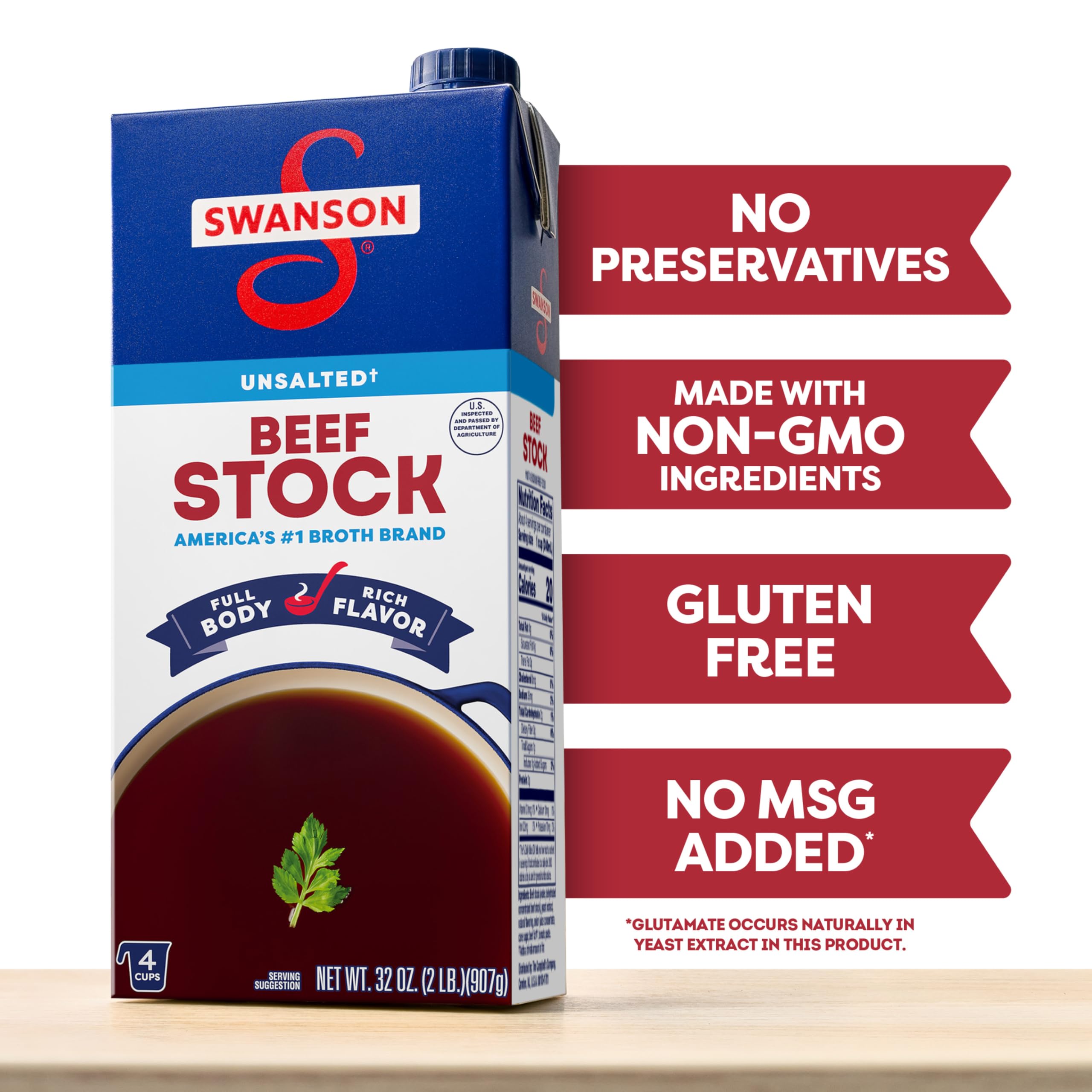 SWANSON S unsalted beef stock gluten-free label close-up.