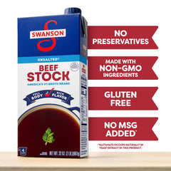 SWANSON S unsalted beef stock gluten-free label close-up.