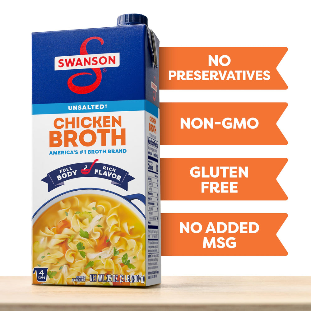 Close-up of Swanson S Unsalted Chicken Broth label showing gluten-free and no MSG