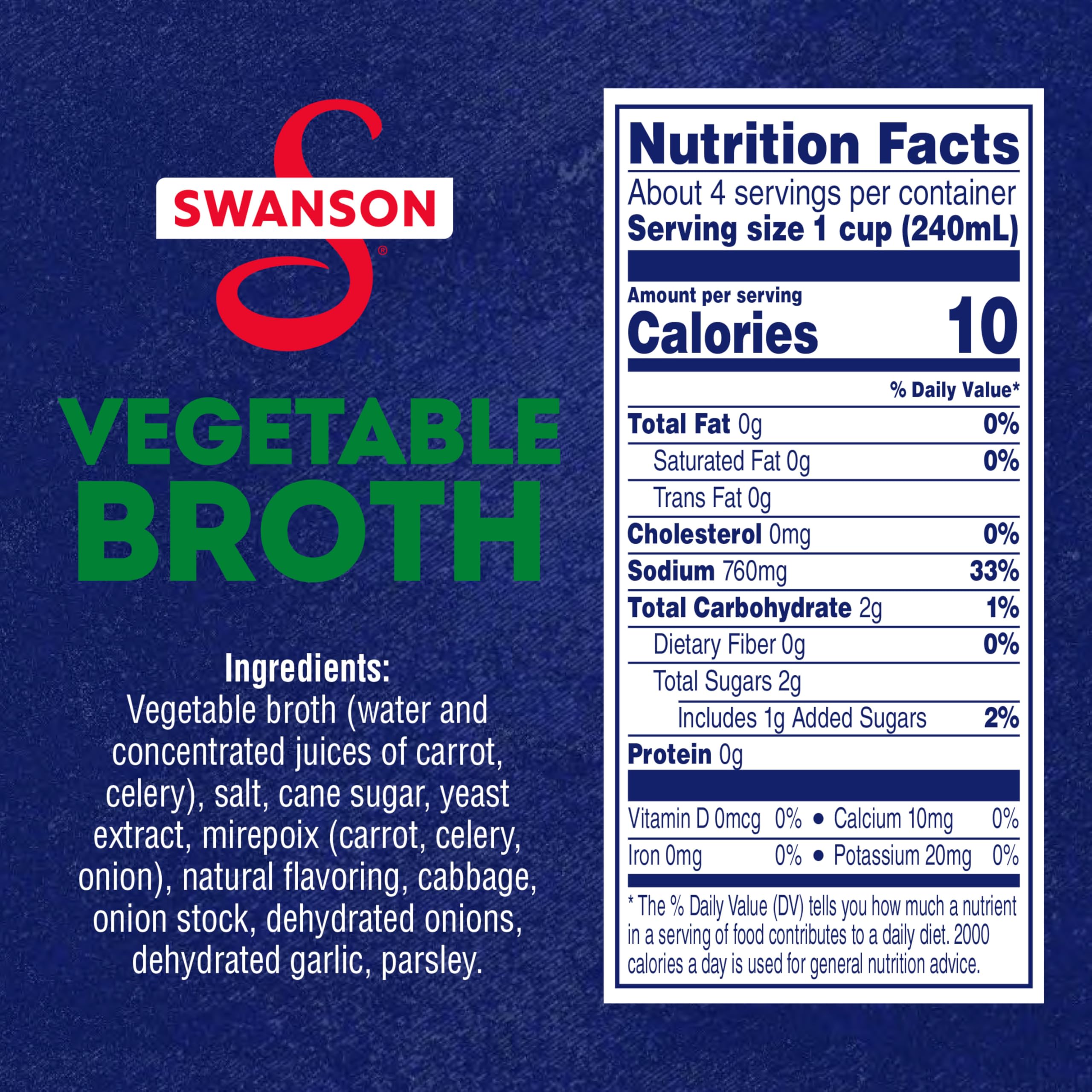 Swanson S Vegetable Broth bottle side view highlighting simple ingredients
