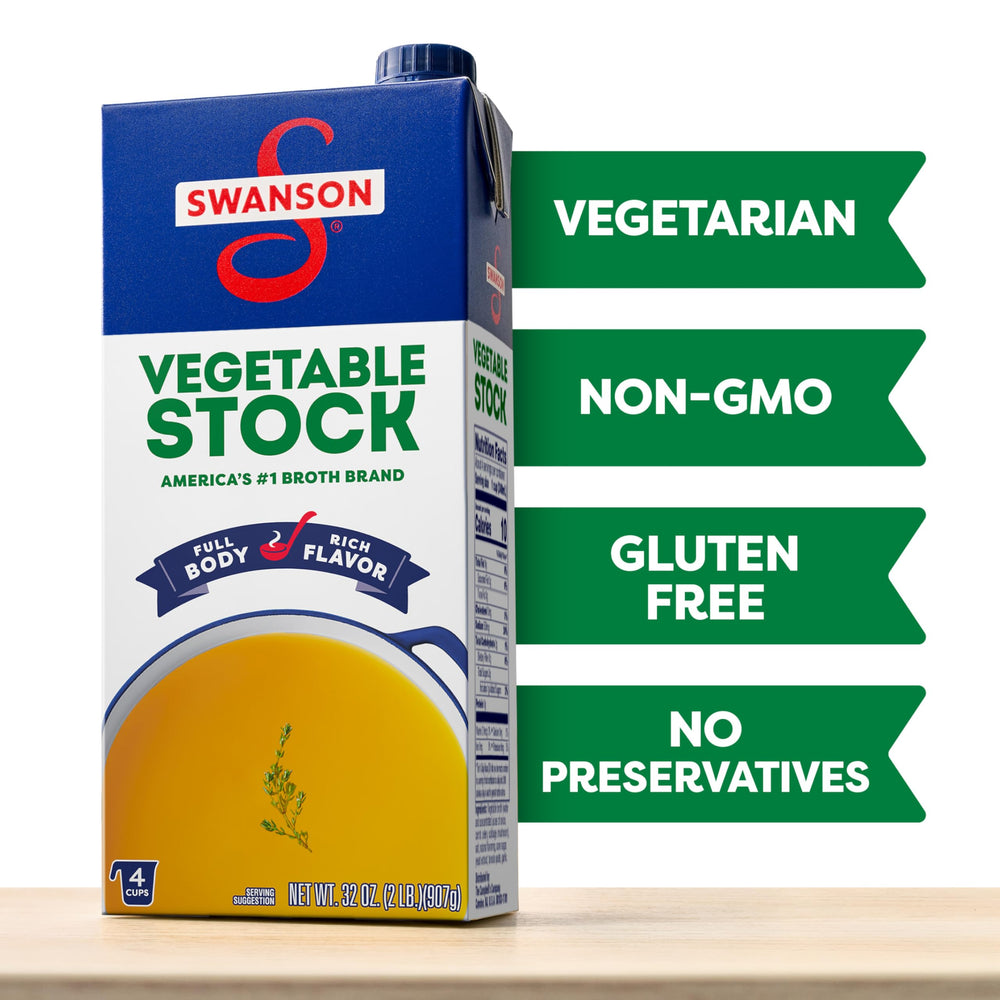 Swanson S Vegetable Stock ingredients closeup highlights natural vegetables and no artificial flavors