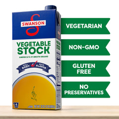 Swanson S Vegetable Stock ingredients closeup highlights natural vegetables and no artificial flavors
