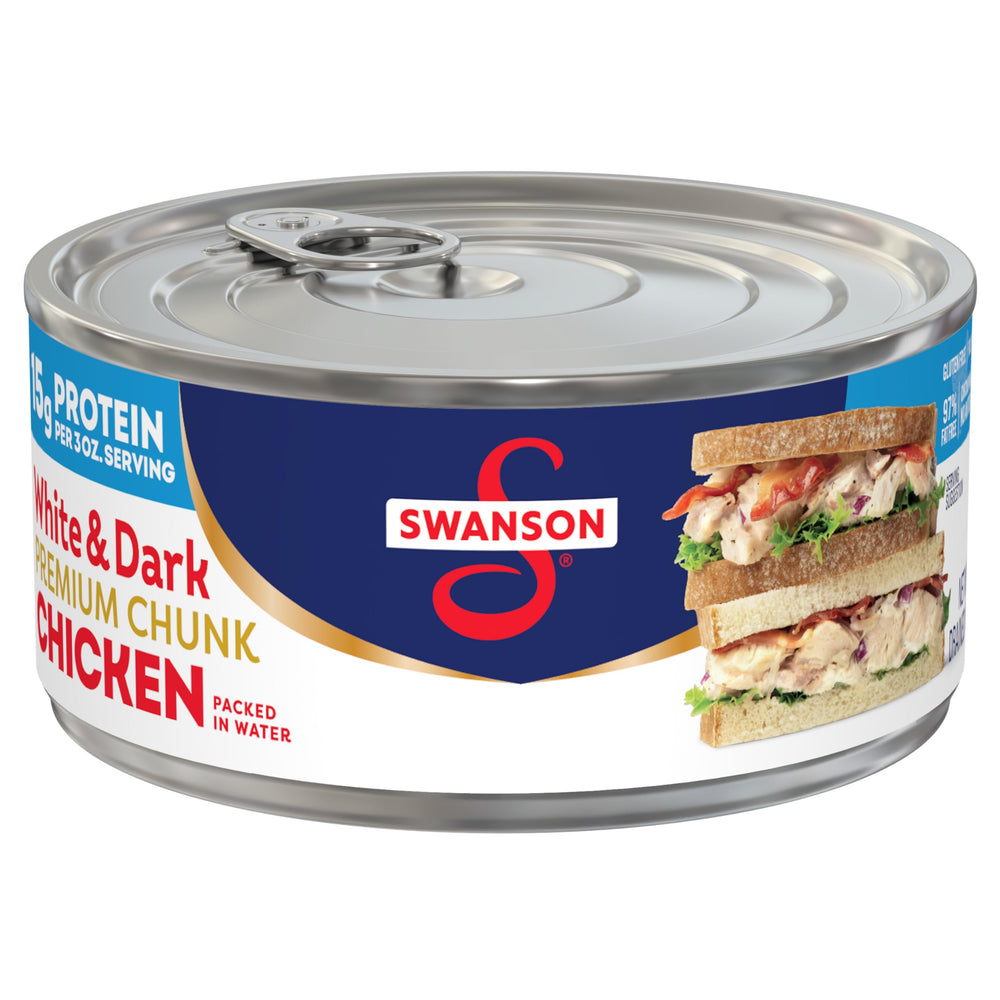 Swanson White and Dark Premium Chunk Chicken in Water can, handy protein for quick meals.