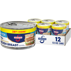 Swanson S white premium chunk chicken in water close-up for ready-to-eat protein
