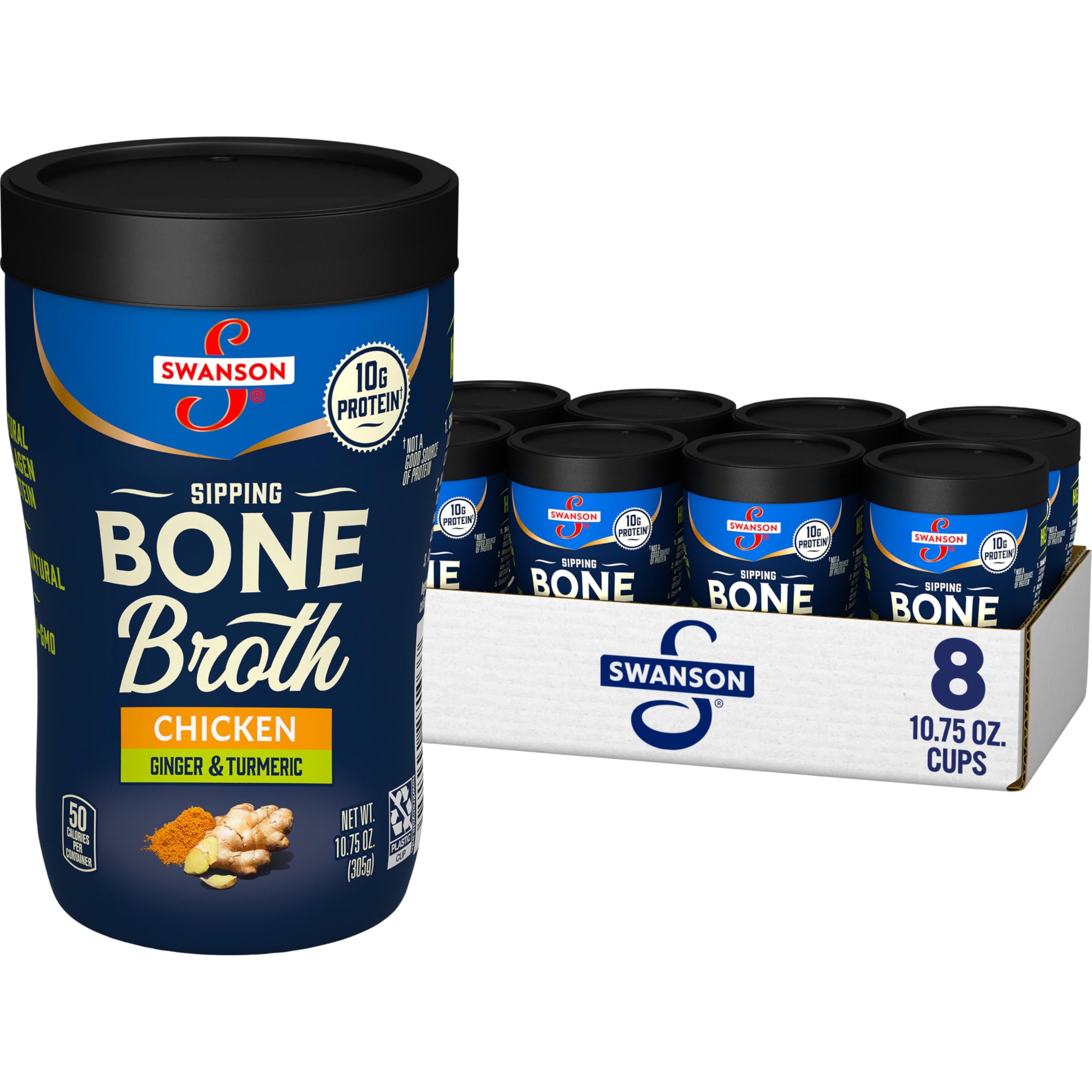 Swanson Sipping Bone Broth cup with ginger and turmeric for warming, convenient snack