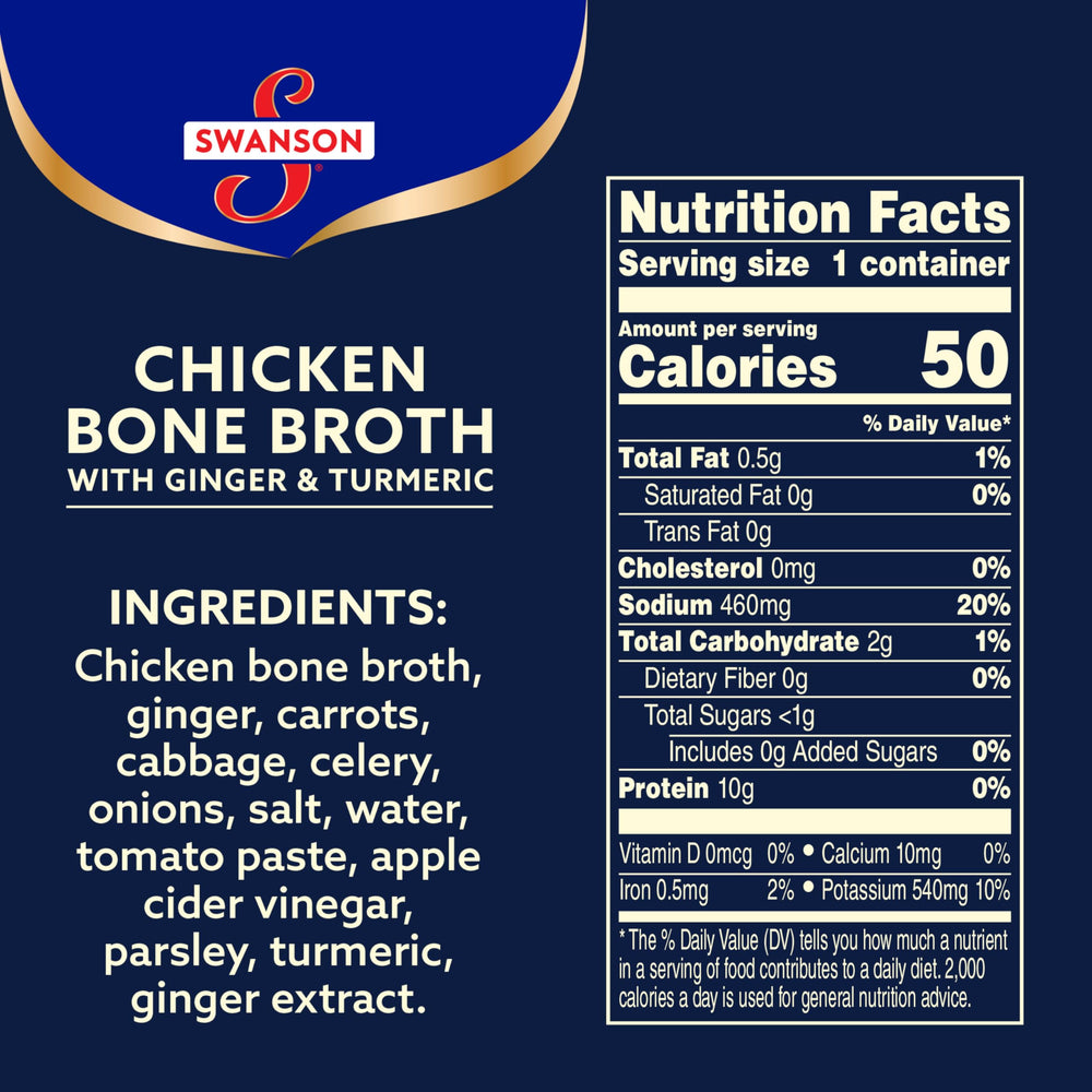 Swanson Sipping Bone Broth ingredients highlight chicken and vegetables for rich flavor