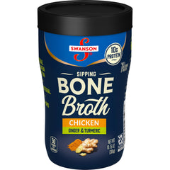Swanson Sipping Chicken Bone Broth front label highlighting ginger and turmeric for flavor