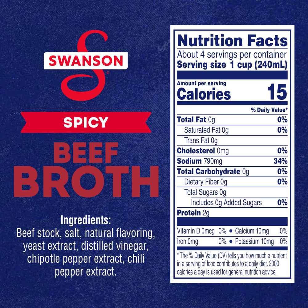 Swanson Spicy Beef Broth carton back — usage notes and nutrition information.