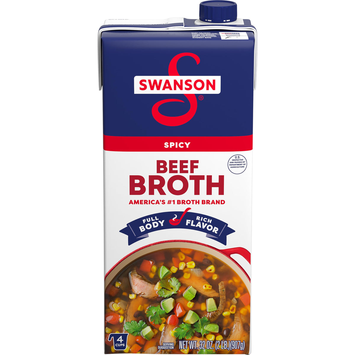 Swanson Spicy Beef Broth carton front — bold flavor base for soups.