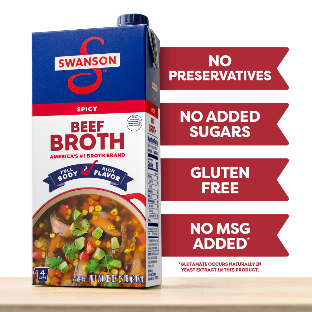 Swanson Spicy Beef Broth simmer stew — rich base for chili and stews.