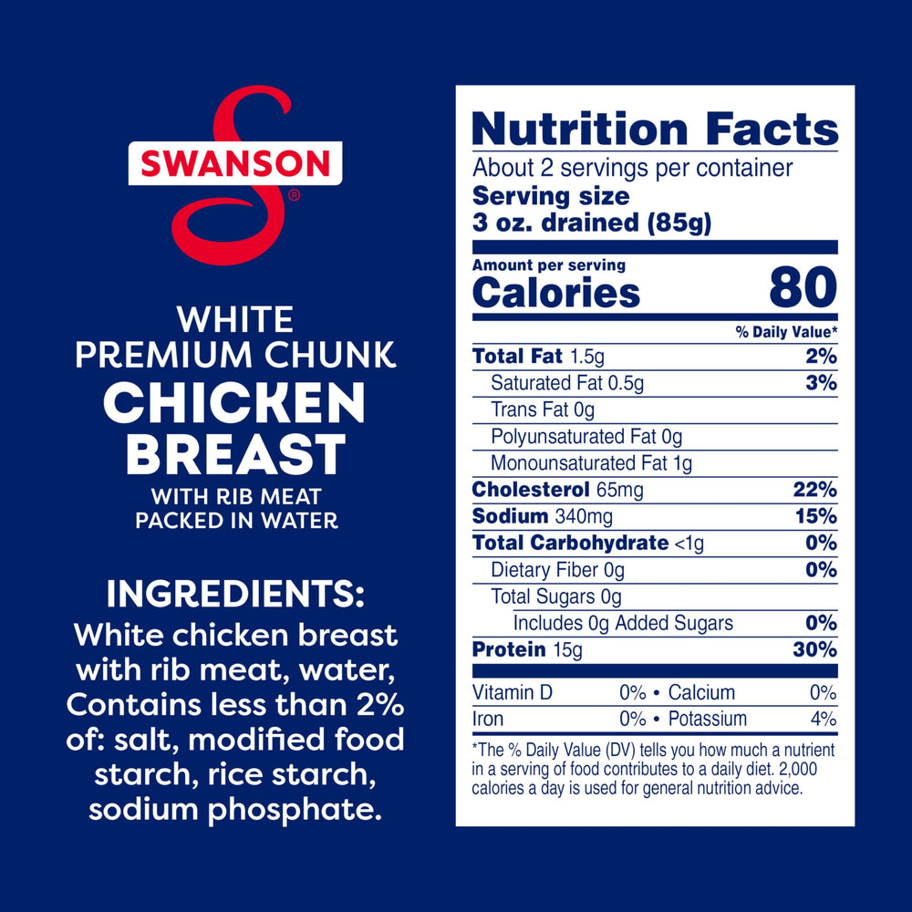 Swanson chicken chunks in water, ready to eat—ideal for salads and sandwiches