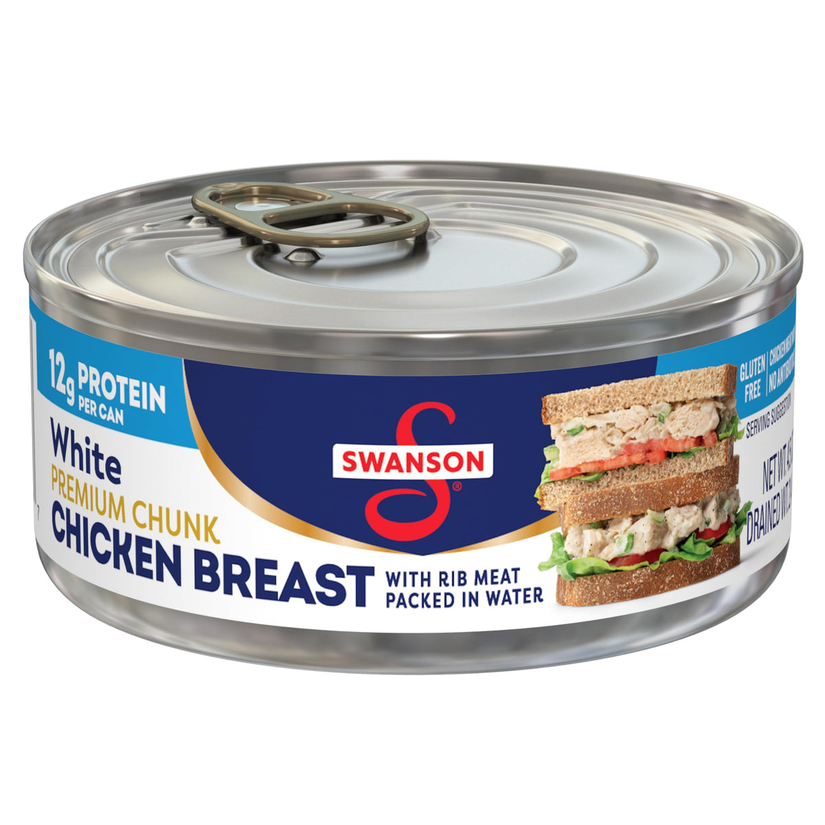 Swanson White Premium Chunk Chicken label close-up highlighting quality and convenience.