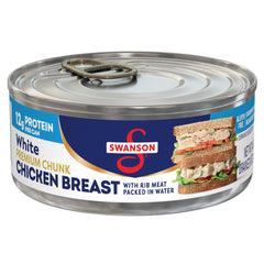 Swanson White Premium Chunk Chicken label close-up highlighting quality and convenience.