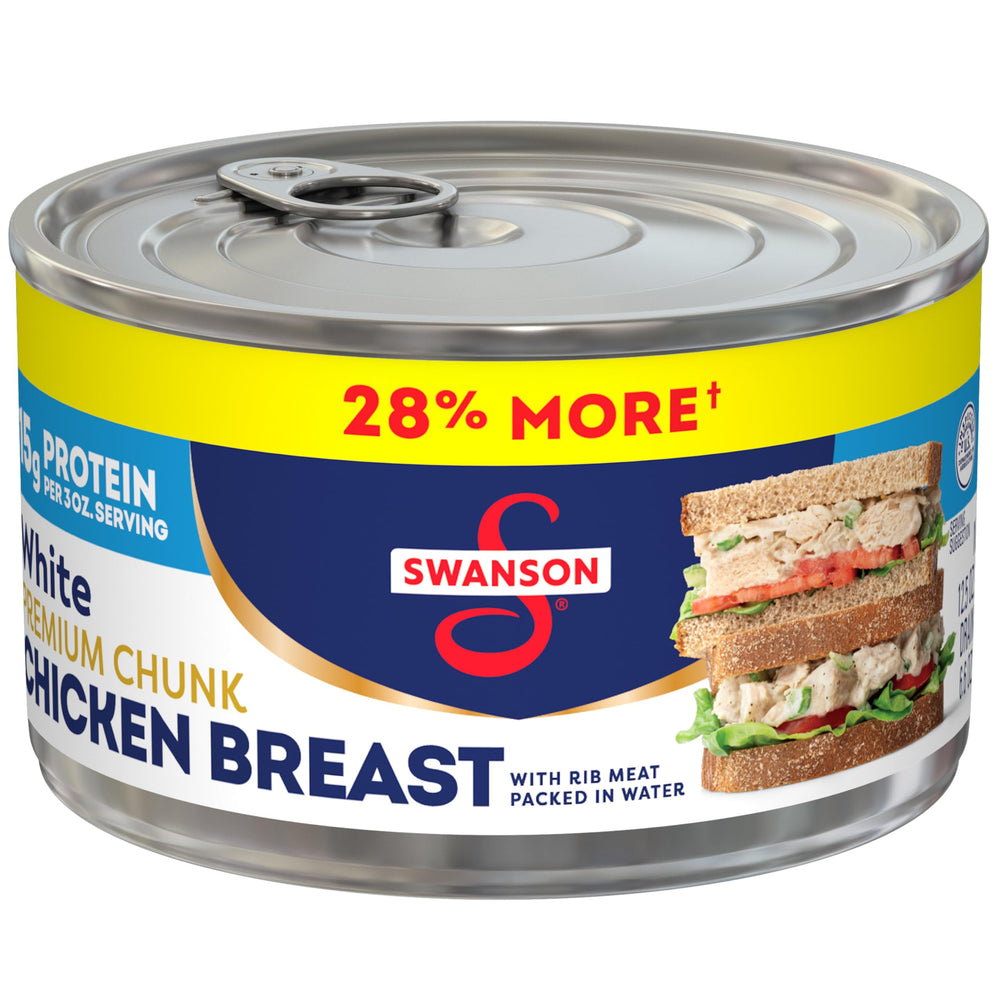 Swanson White Premium Chunk Chicken in Water can label for pantry staple convenience.