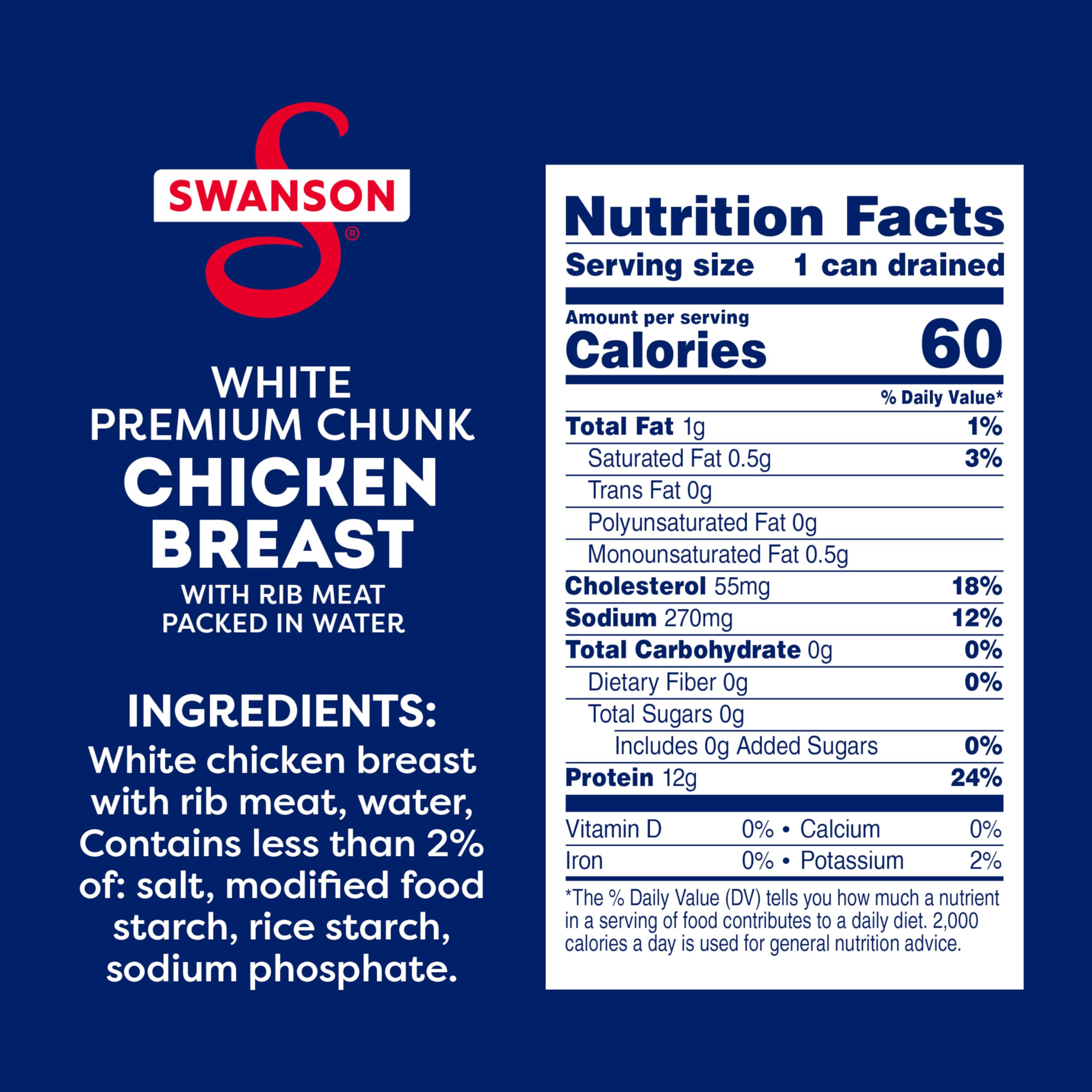 Swanson chicken can on shelf presenting a pantry staple for easy meals.