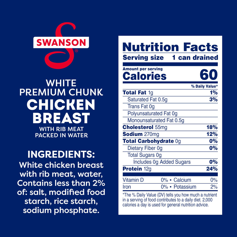 Swanson chicken can on shelf presenting a pantry staple for easy meals.