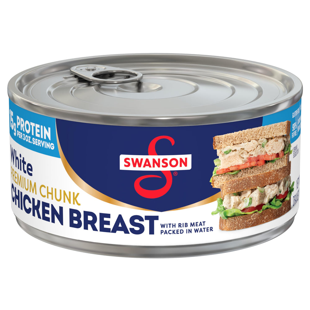 Swanson white premium chunk chicken in water can ready to use in quick recipes.