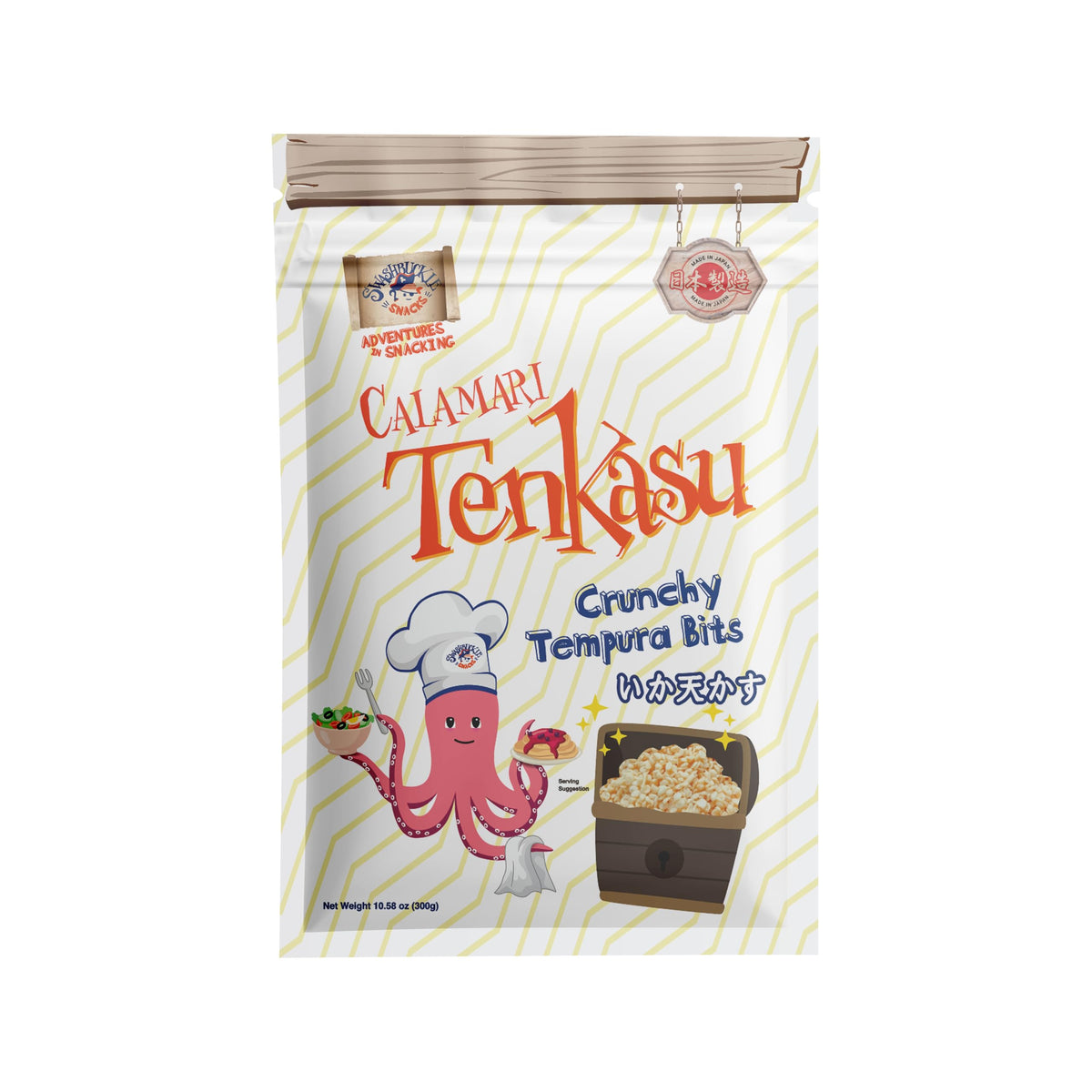 Swashbuckle Calamari Tenkasu Bits on shelf, crisp savory snack any time.