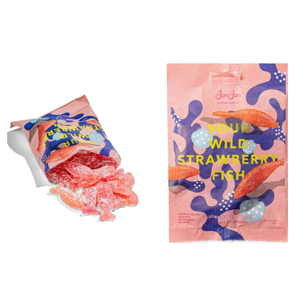 Swedish Candy Sour Blackberry Fish pack showing vibrant color; gluten-free and vegan snack.