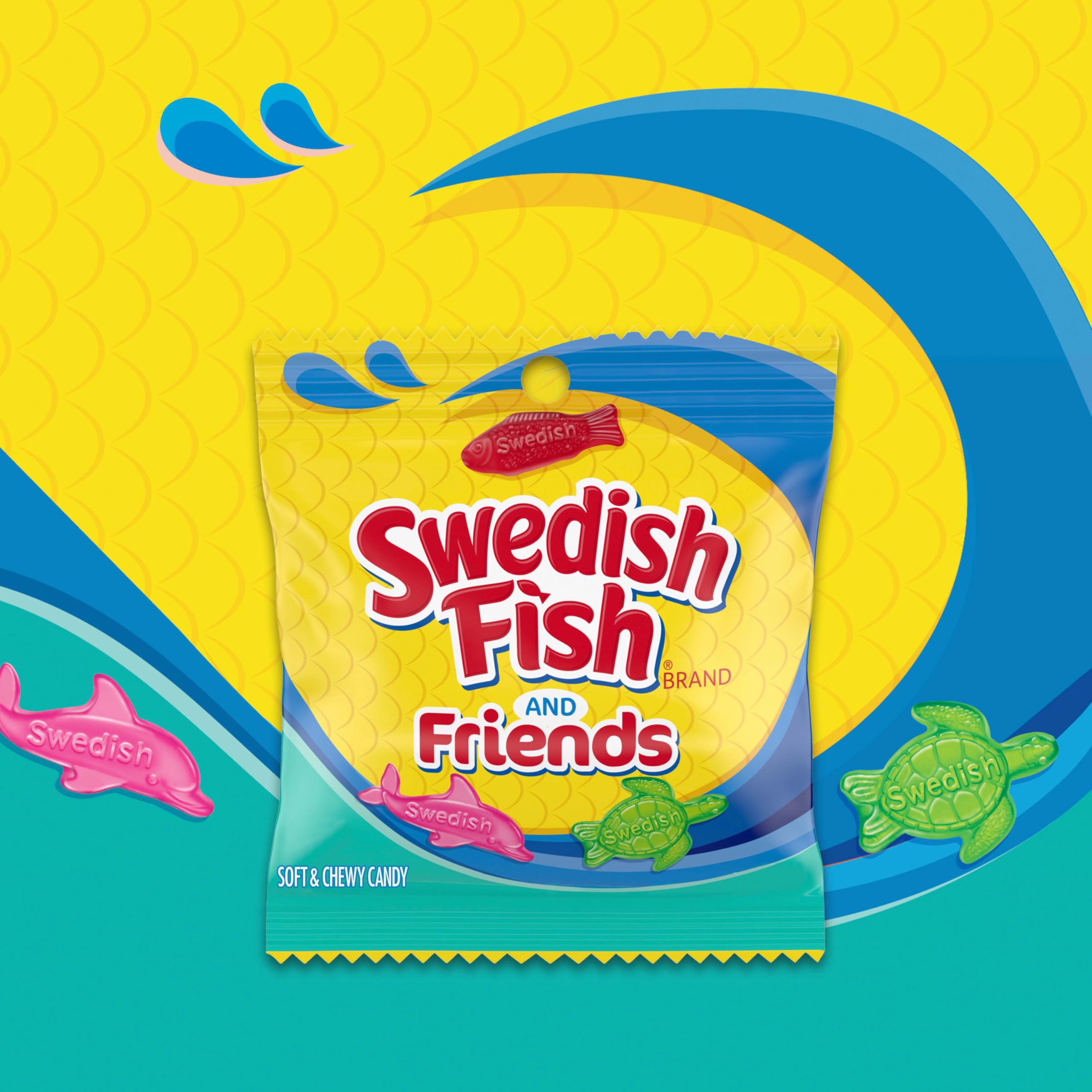 Swedish Fish close-up texture emphasizes soft chew and glossy candy surface.