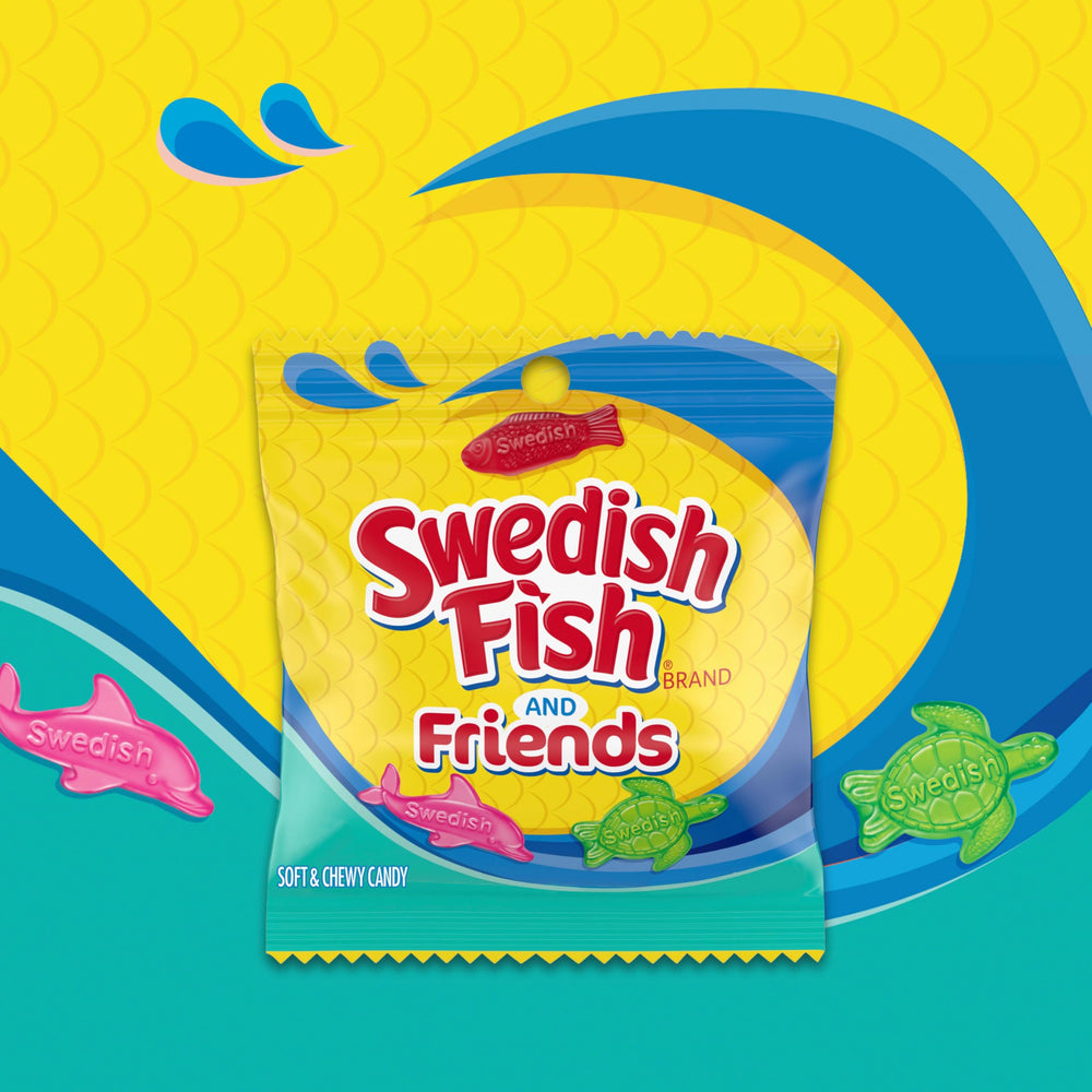 Swedish Fish close-up texture emphasizes soft chew and glossy candy surface.