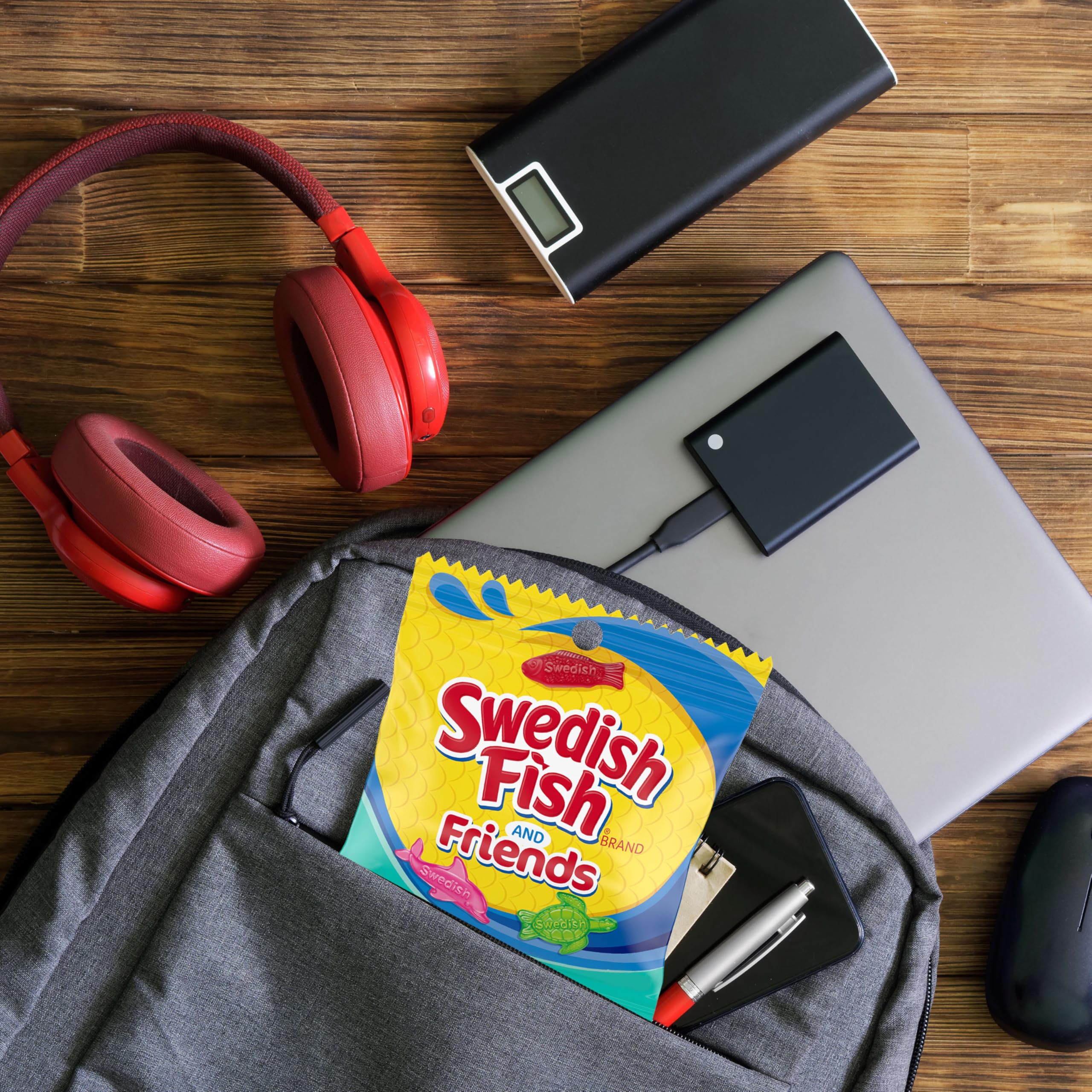 Swedish Fish holiday candy bag conveys festive sweetness for gatherings.