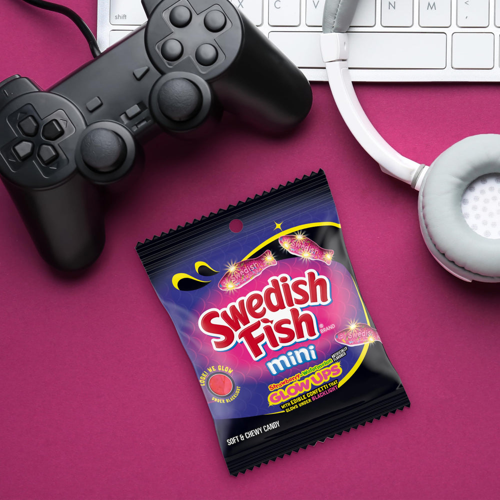 Bright pink gummies brighten movie nights and gaming sessions.