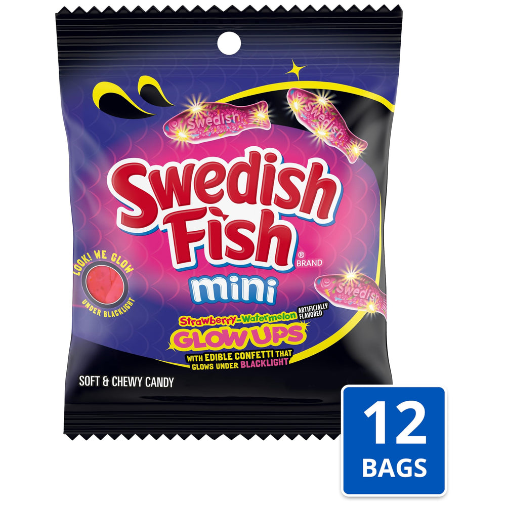 Swedish Fish Mini Glow Ups glow under blacklight, ideal for themed parties.