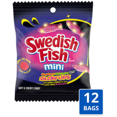 Swedish Fish Mini Glow Ups glow under blacklight, ideal for themed parties.