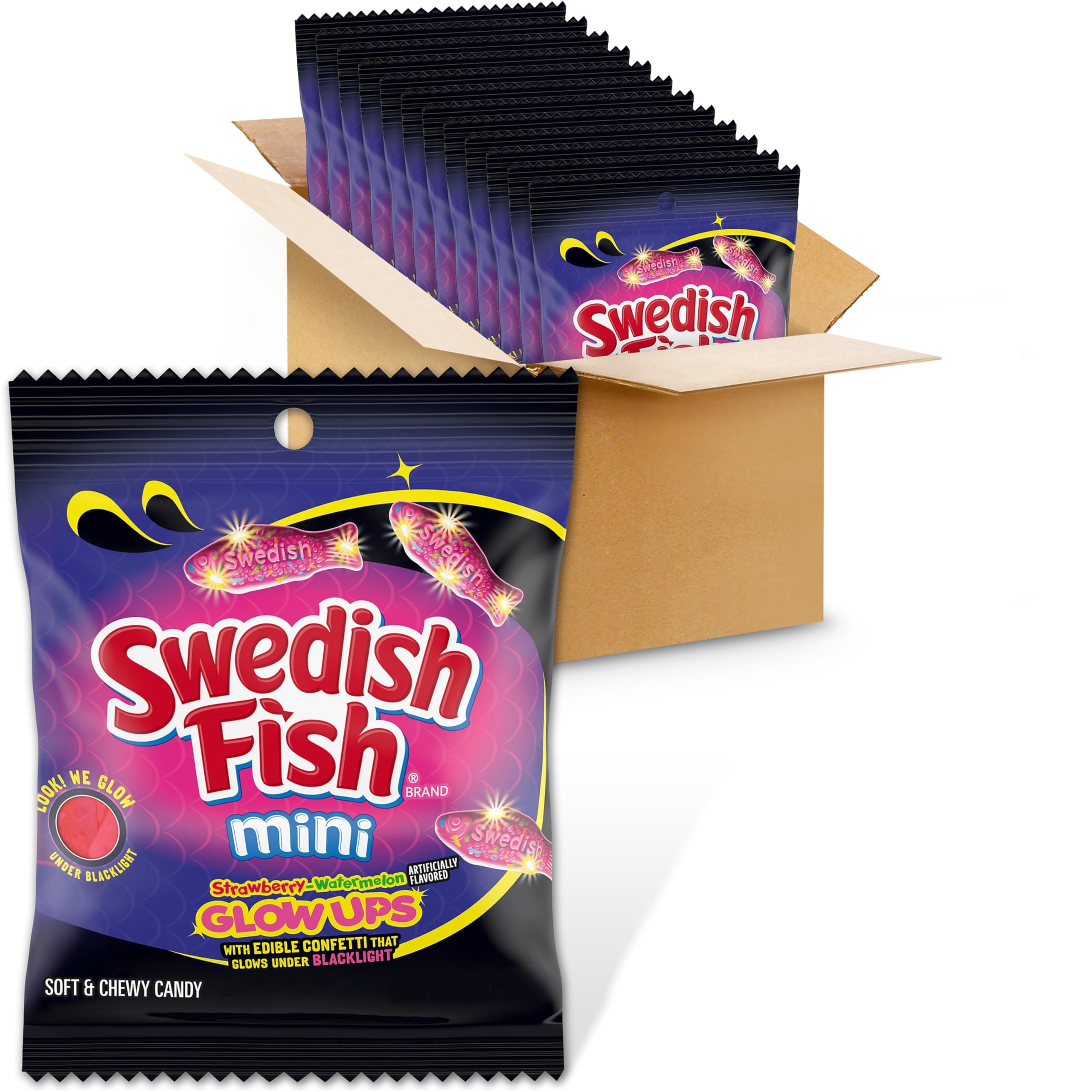 Swedish Fish Mini Glow Ups packaging shown for bulk party-ready candy.