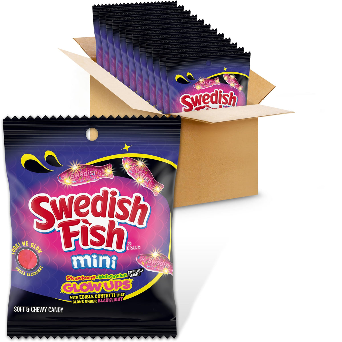 Swedish Fish Mini Glow Ups packaging shown for bulk party-ready candy.