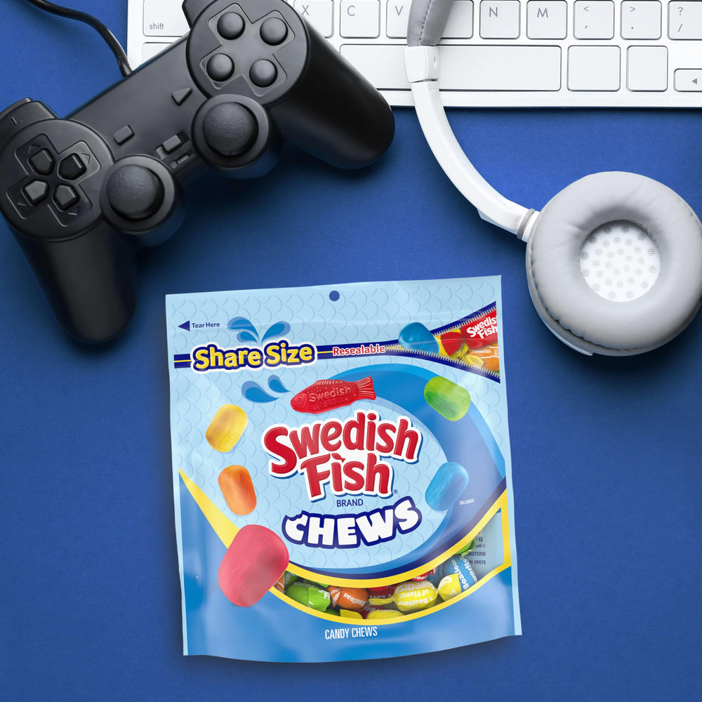 Movie night with Swedish Fish chews adds a colorful, chewy snack.