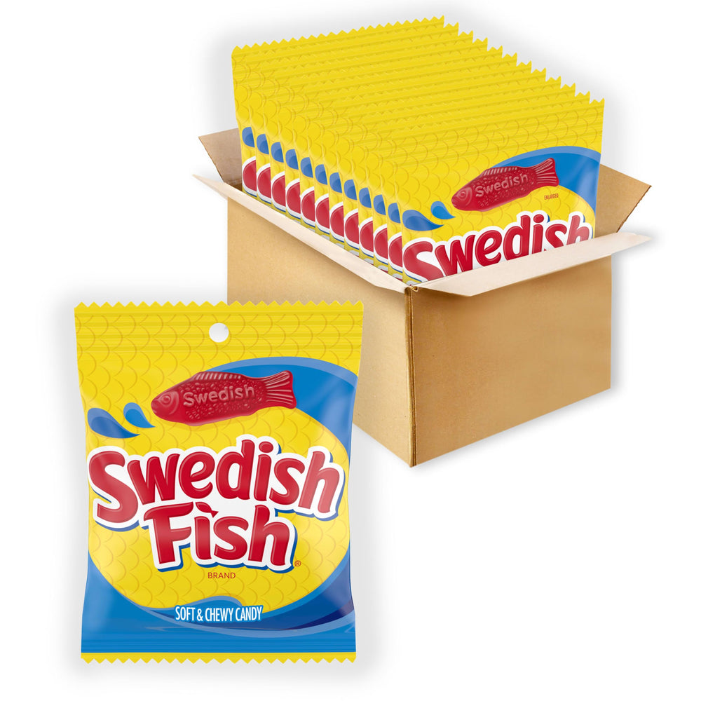 Swedish Fish 12-pack bags with bright red gummies for sharing.